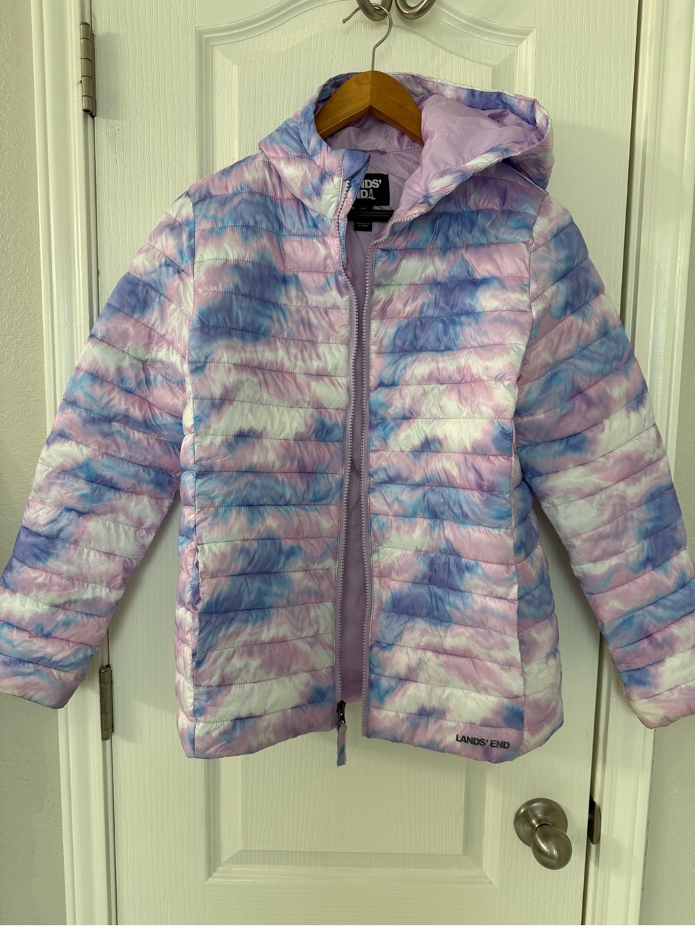 Lands' End Girls' Pastel Purple Blue White Tie-Dye Puffer Jacket